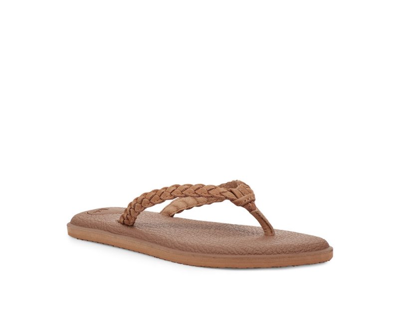 Sanuk Yoga Braid Leather Women's Flip Flops Brown | Canada 10EBC